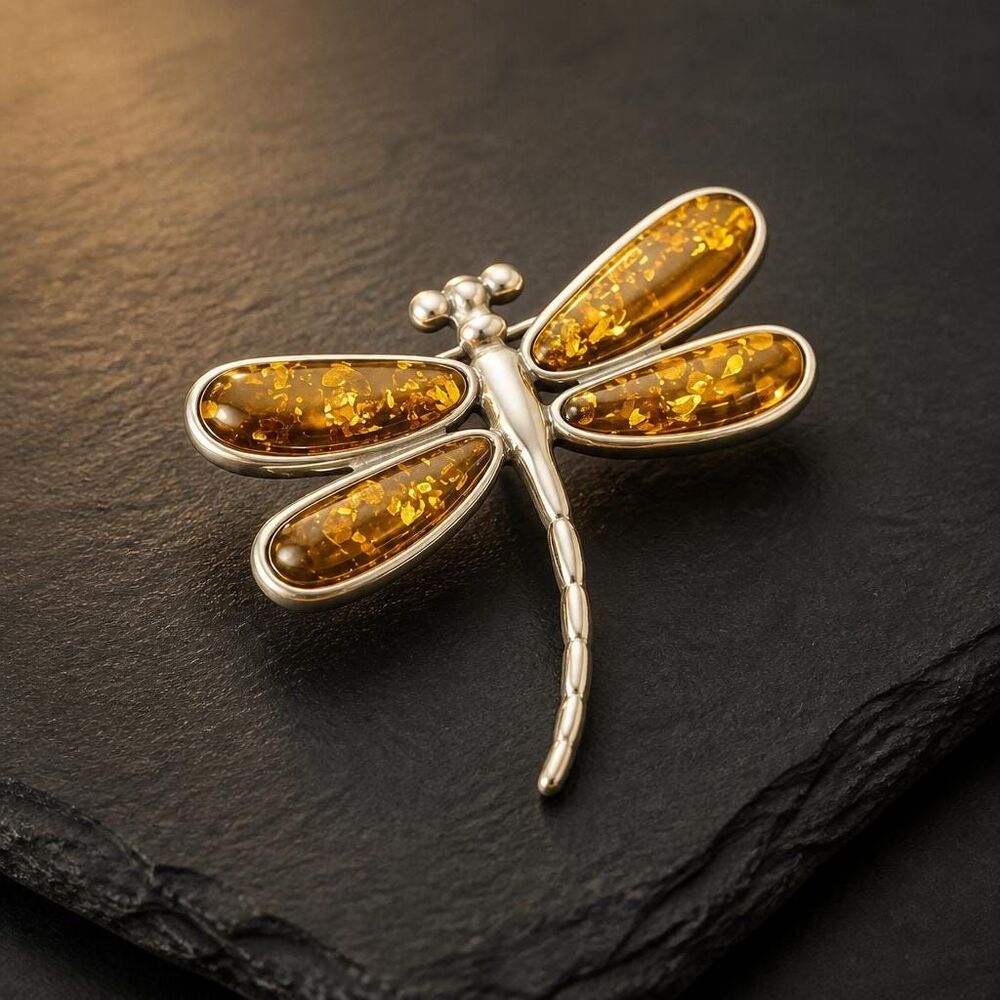 Sterling Silver Baltic Amber Dragonfly Brooch, Genuine Honey Amber Insect Pin,